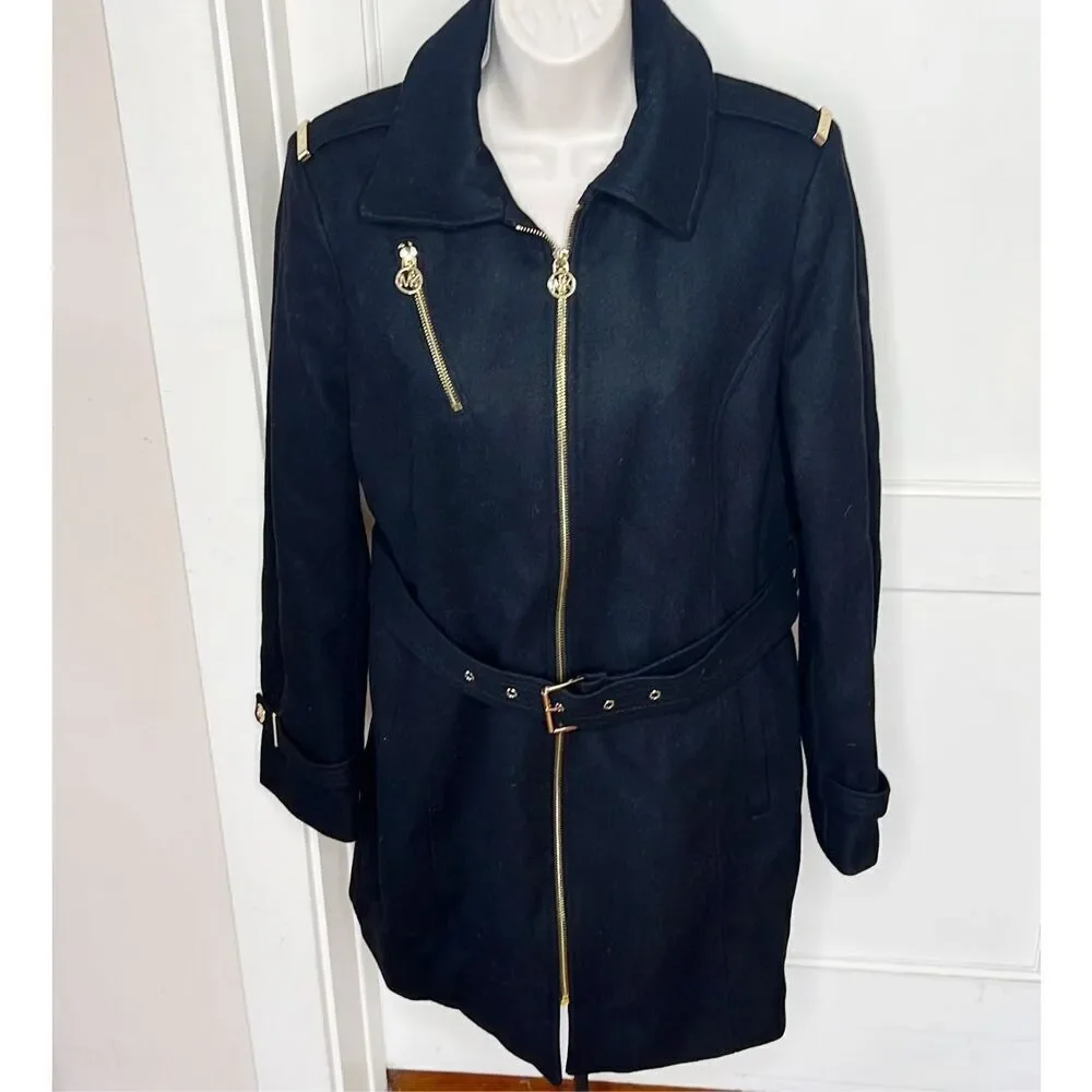 Michael Kors Belted Walker Wool Coat Black Size 10